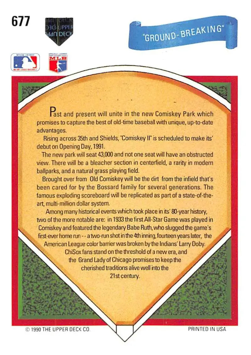 Baseball card featuring Comiskey Park and diamond design for Chicago White Sox fans