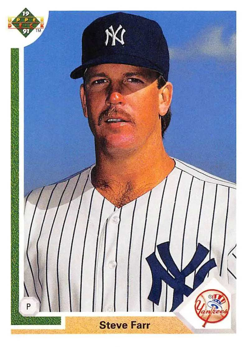 Steve Farr in New York Yankees pinstriped uniform on 1991 Upper Deck baseball card