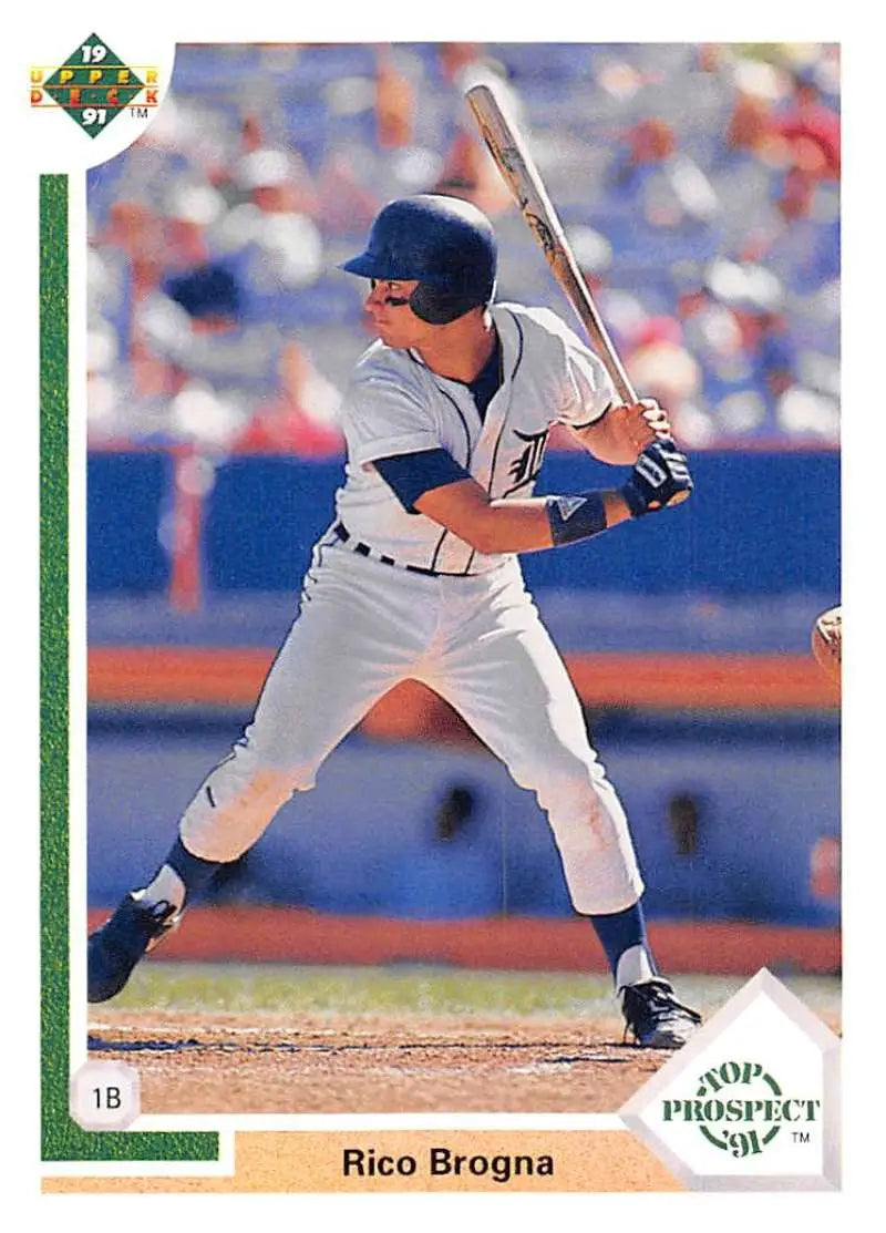 Baseball card of Detroit Tigers player Rico Brogna in gray uniform at bat