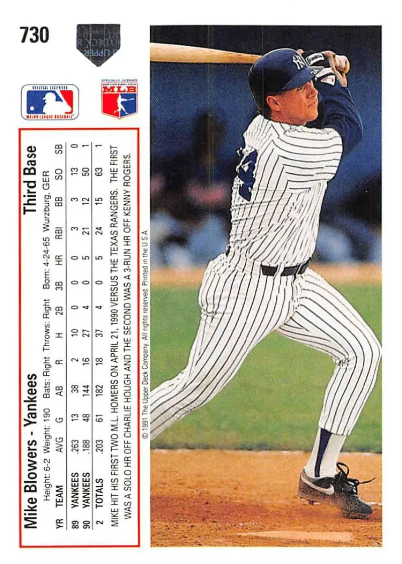 Mike Blowers baseball card in pinstripe uniform mid-swing from Upper Deck