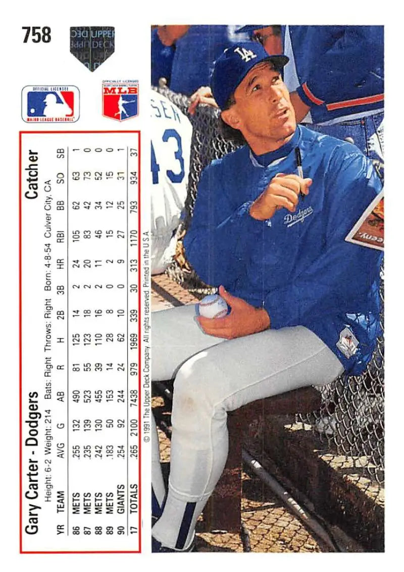 1991 Upper Deck Gary Carter Baseball Card of Los Angeles Dodgers player in dugout