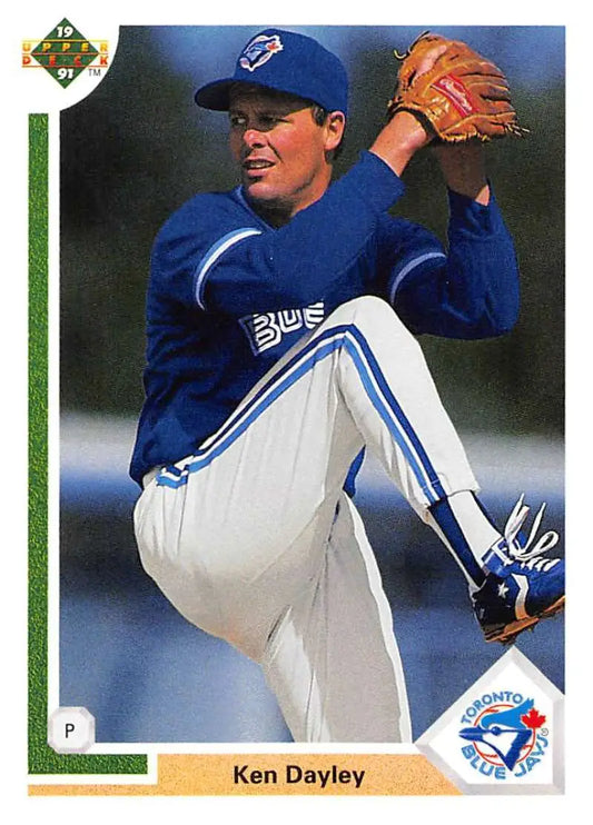 Ken Dayley pitching for the Toronto Blue Jays in blue uniform on baseball card