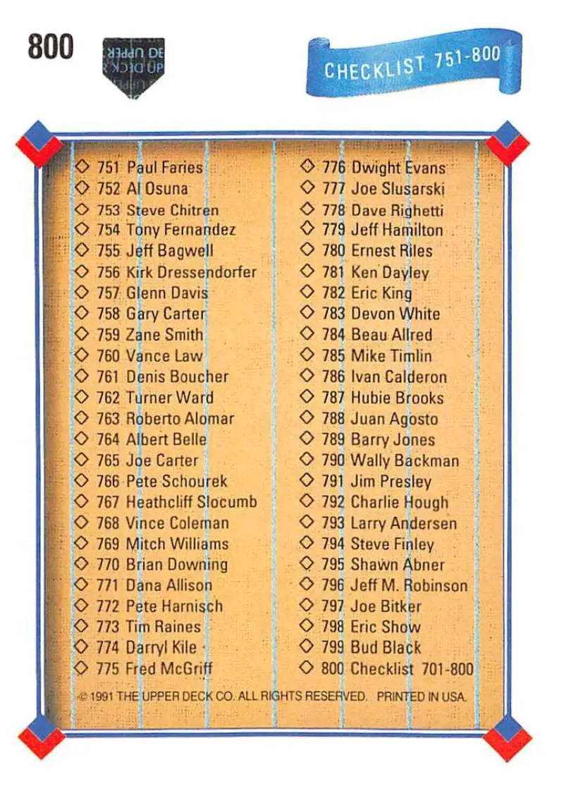 Baseball card checklist 701-800 featuring Upper Deck player numbers with blue accents