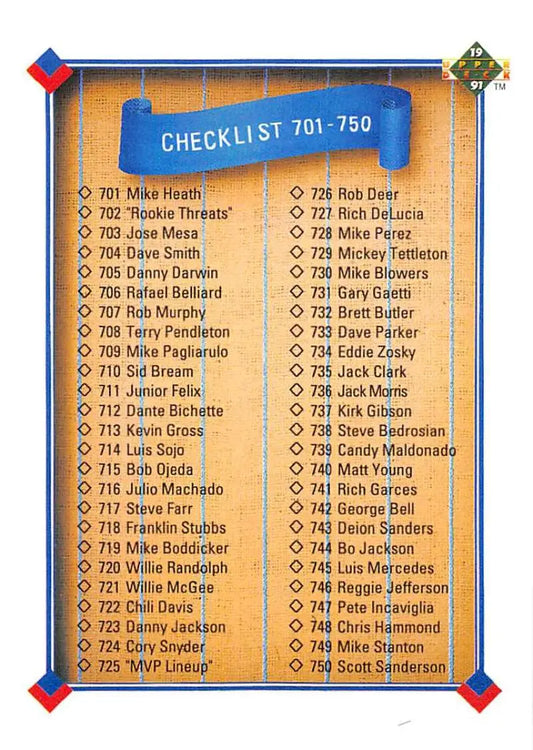Baseball card checklist showing Upper Deck player numbers 701-750 in columns