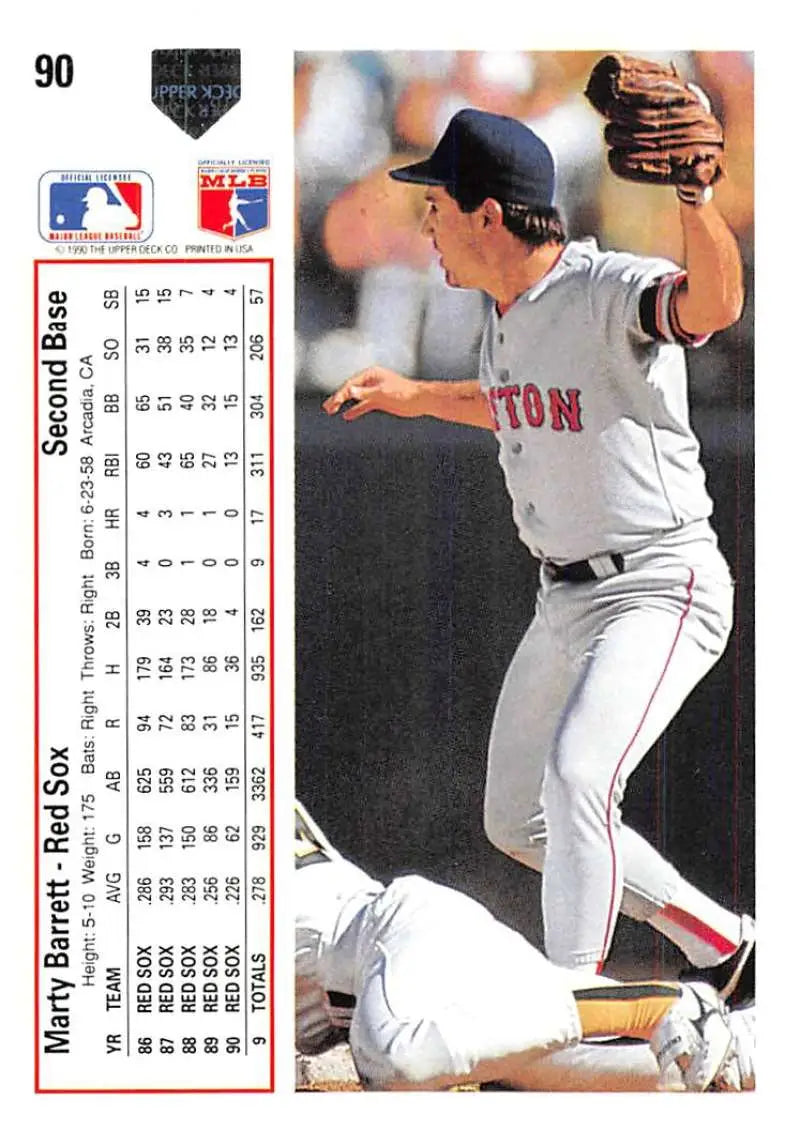 Red Sox pitcher Marty Barrett in mid-delivery on 1991 Upper Deck baseball card