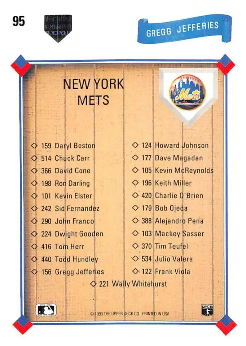 Baseball card roster featuring New York Mets players and Gregg Jefferies uniform number