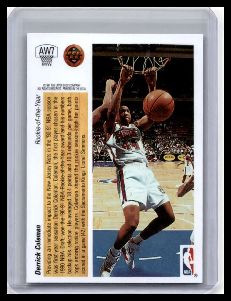 Basketball trading card of Derrick Coleman dunking in New Jersey Nets white uniform