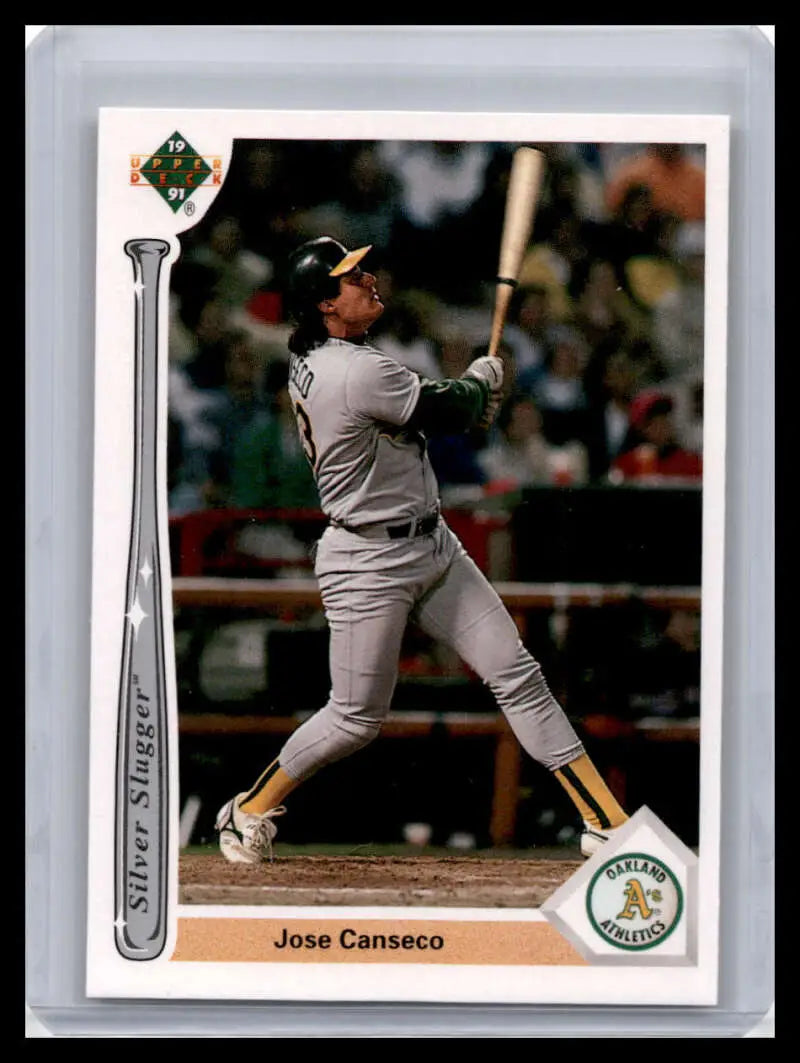 Jose Canseco Oakland Athletics baseball card in gray road uniform from 1991 Upper Deck