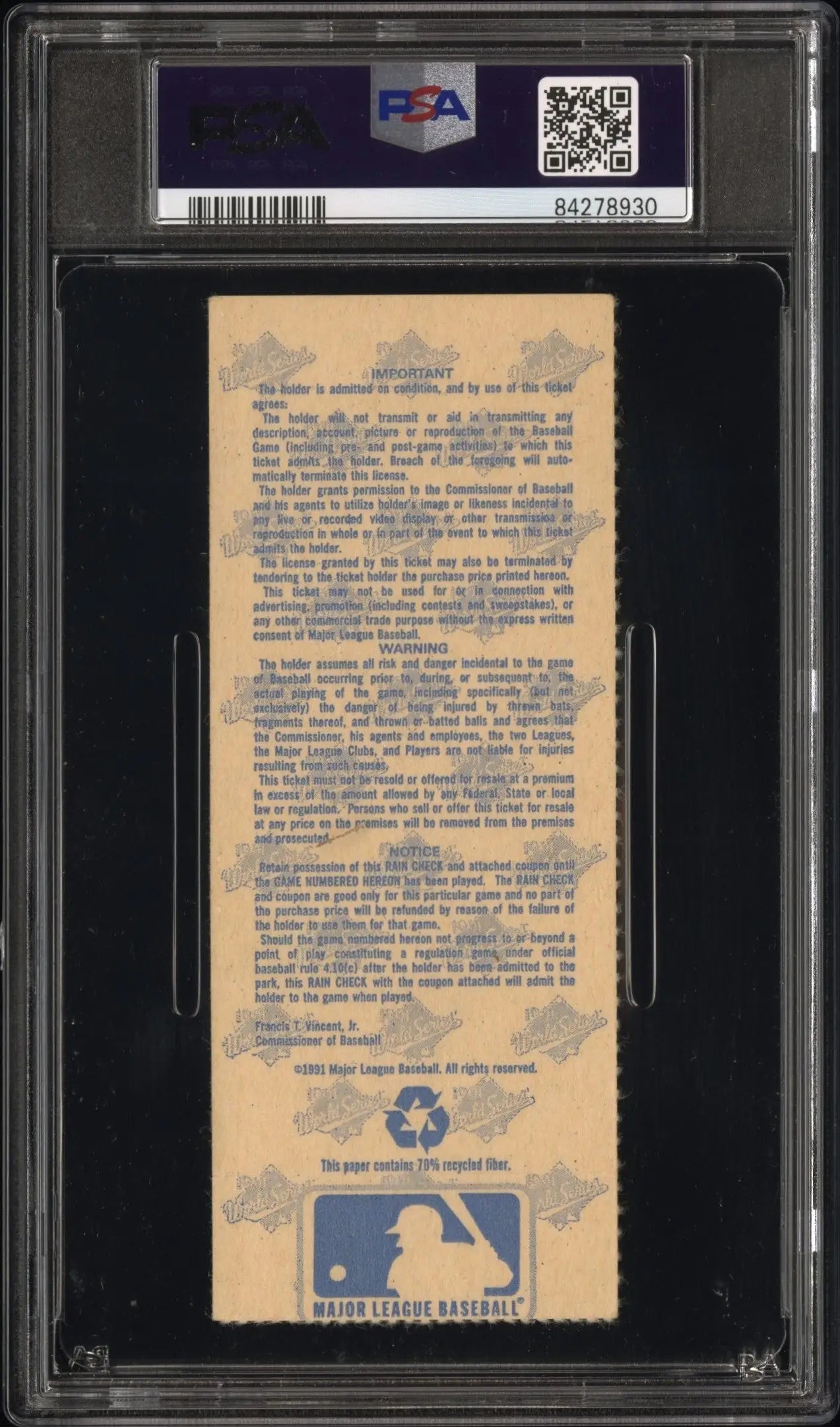 Back side of 1991 World Series Game 7 Ticket Stub PSA 5 Ex with MLB logo