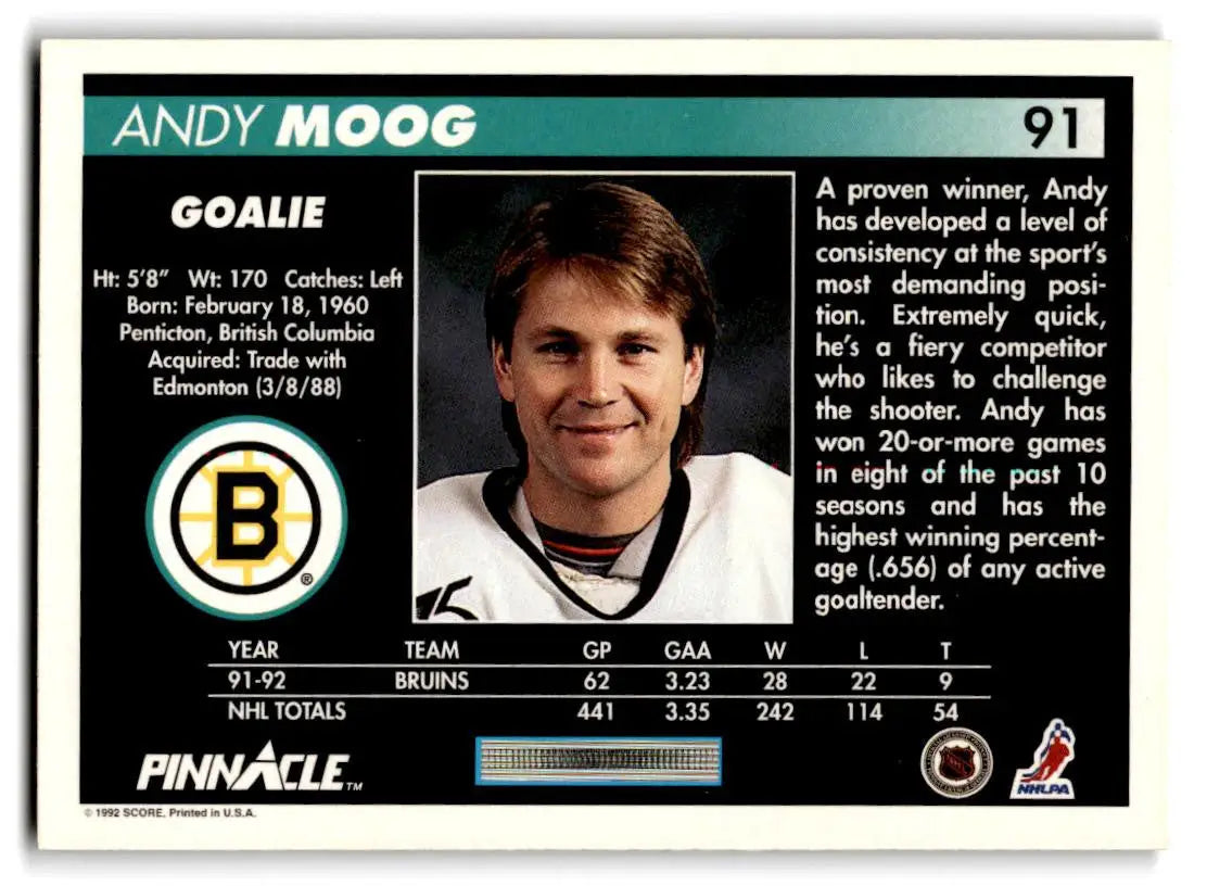 1992-93 Pinnacle #91 Andy Moog trading card featuring the hockey star Andy Moog
