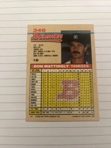 Don Mattingly trading card from the 1992 Bowman set, featuring #340 design