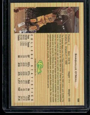 Back of a 1992 Classic Flashbacks Shaquille ONeal basketball card with college stats