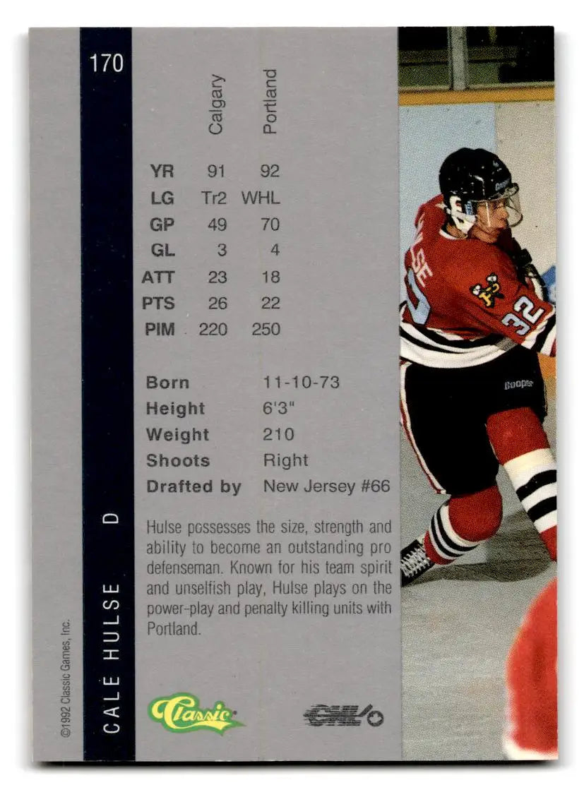 Hockey card featuring player stats for Cale Hulse from Classic Four Sport collection