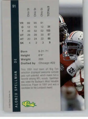 1992 Classic Four Sport #91 Alonzo Spellman football card in original gloss condition