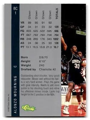 Alonzo Mourning basketball card from 1992 Classic Four Sport BC1 Alonzo Mourning set