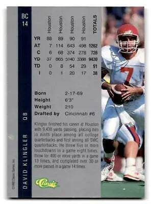 Football card of David Klingler from 1992 Classic Four Sport BC14 Bonus Cards
