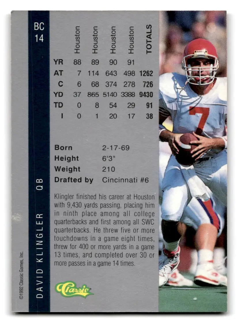 1992 Classic Four Sport #BC14 David Klingler Bonus Cards - Trading Cards
