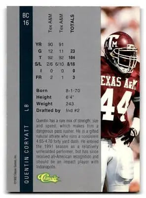 1992 Classic Four Sport BC16 Quentin Coryatt Bonus Card featuring the football star