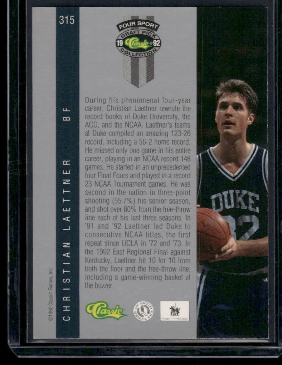 Back of a Christian Laettner basketball card from the 1992 Classic Four Sport Collection