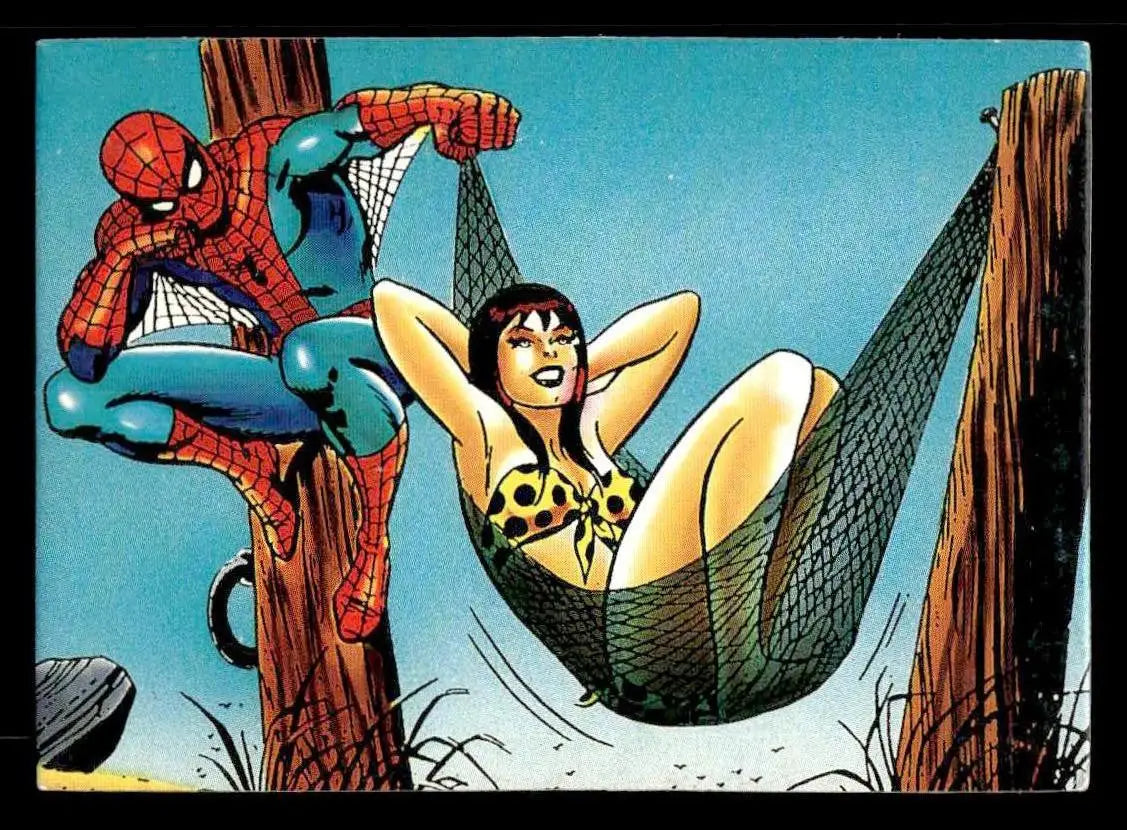 Spider-Man and woman in leopard print bikini relaxing in hammock for 30th anniversary comic images
