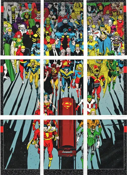 Comic book artwork in nine panels of superheroes and villains from 1992 DC chase set