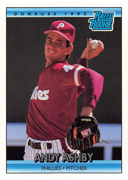 1992 Donruss Andy Ashby baseball card featuring Philadelphia Phillies pitcher in burgundy uniform