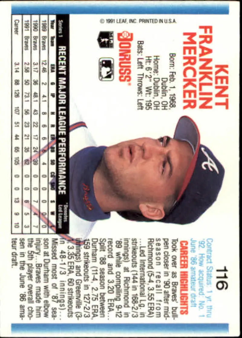 1992 Donruss #116 Kent Mercker Baseball Card featuring Atlanta Braves player stats