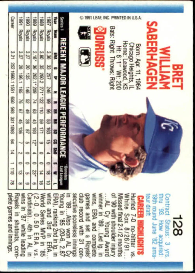 Baseball trading card of Bret Saberhagen in Kansas City Royals cap