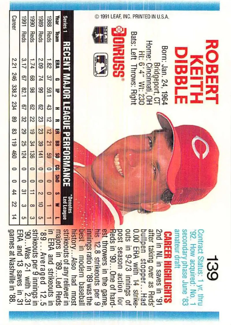 Rob Dibble Cincinnati Reds Baseball Card with player in red cap from 1992 Donruss