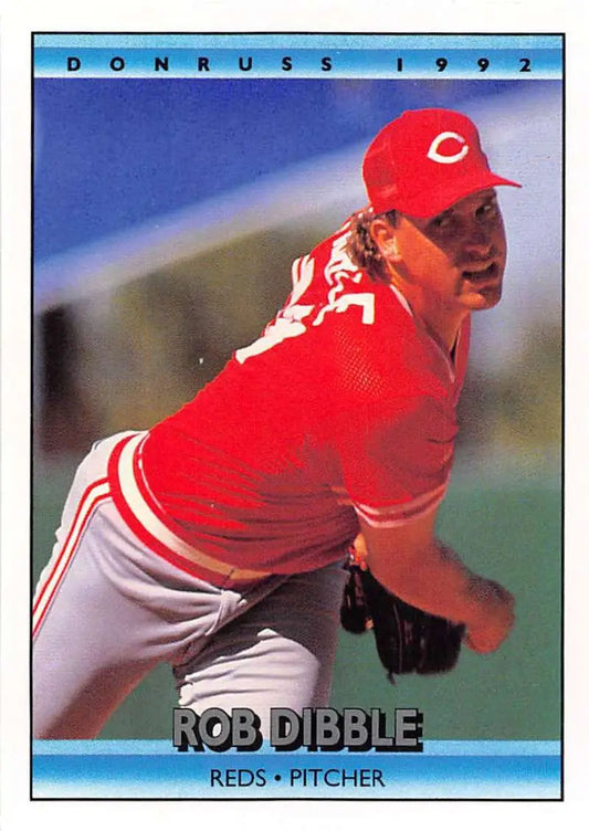 Rob Dibble pitching for the Cincinnati Reds on a baseball card from 1992 Donruss
