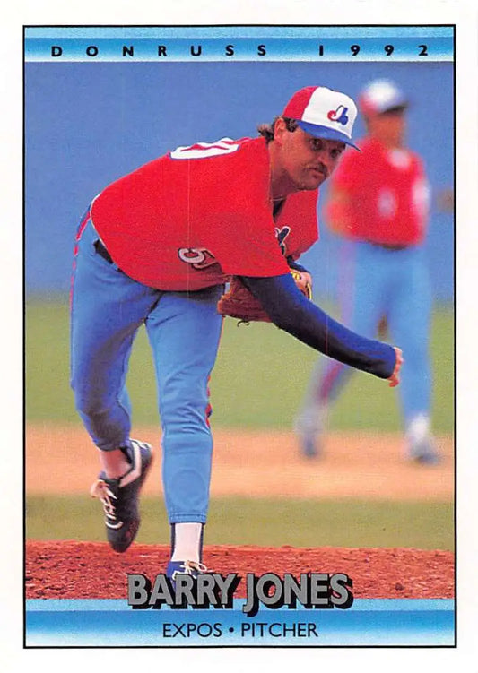 Barry Jones card depicting Montreal Expos pitcher in red jersey and blue pants