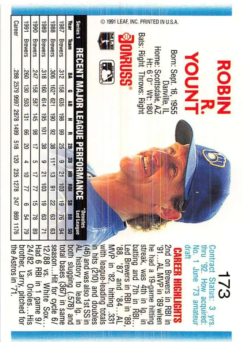 Robin Yount baseball card in blue cap, Milwaukee Brewers 1992 Donruss #173