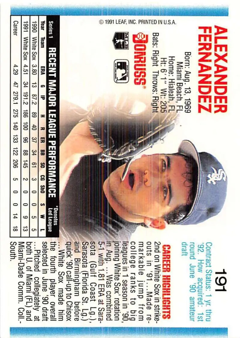 Baseball card of Alex Fernandez in a navy blue White Sox cap, 1992 Donruss #191