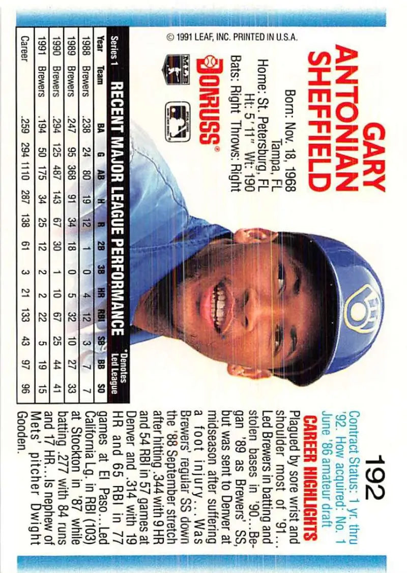 Baseball card of Gary Sheffield with Milwaukee Brewers in blue cap design