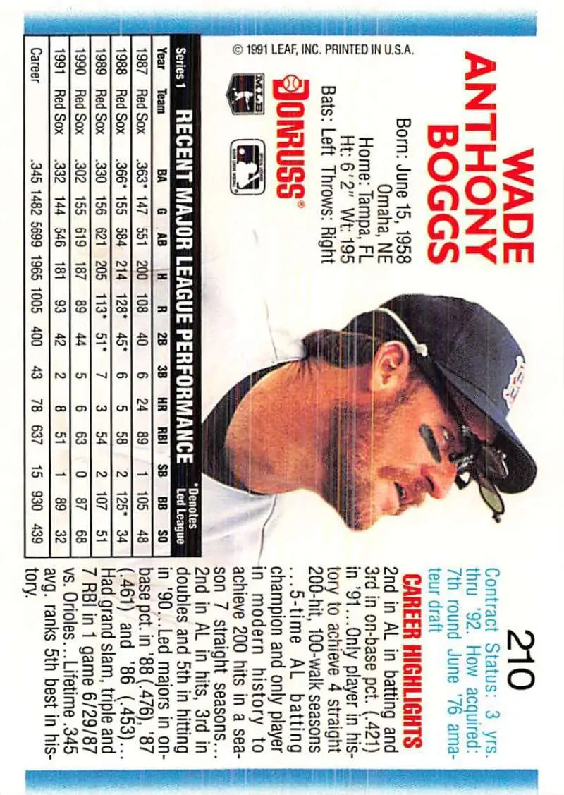 Wade Boggs profile view on 1992 Donruss #210 Boston Red Sox Baseball Card