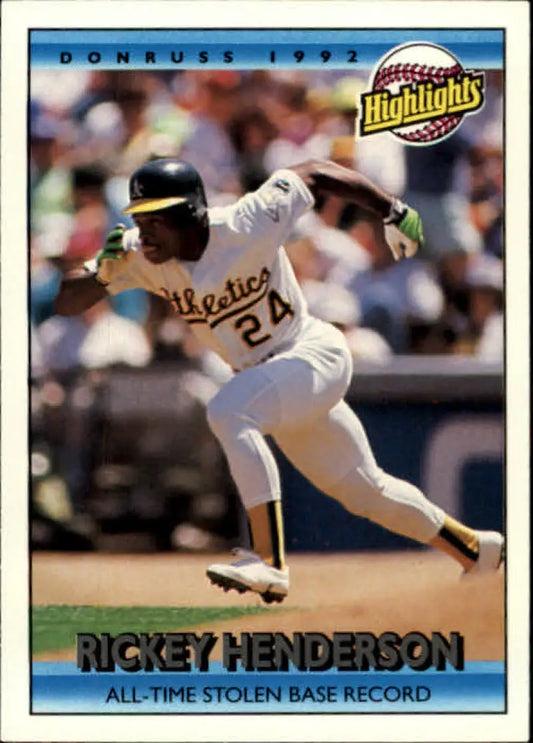 1992 Donruss #215 Rickey Henderson stealing a base for the Oakland Athletics baseball team