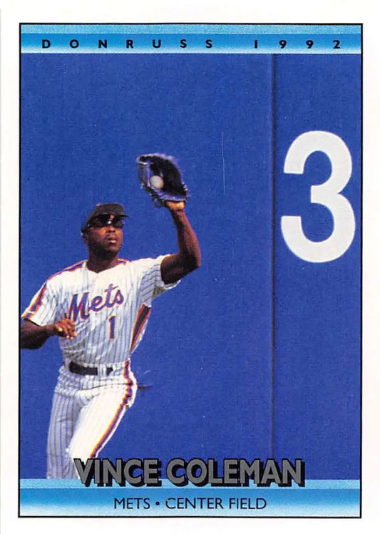 Vince Coleman catching a baseball in his New York Mets pinstriped uniform card