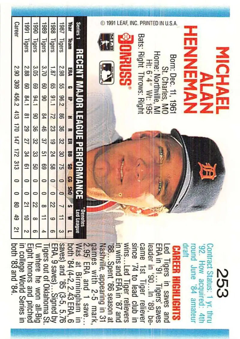 1992 Donruss #253 Mike Henneman NM-MT Detroit Tigers Baseball Card image