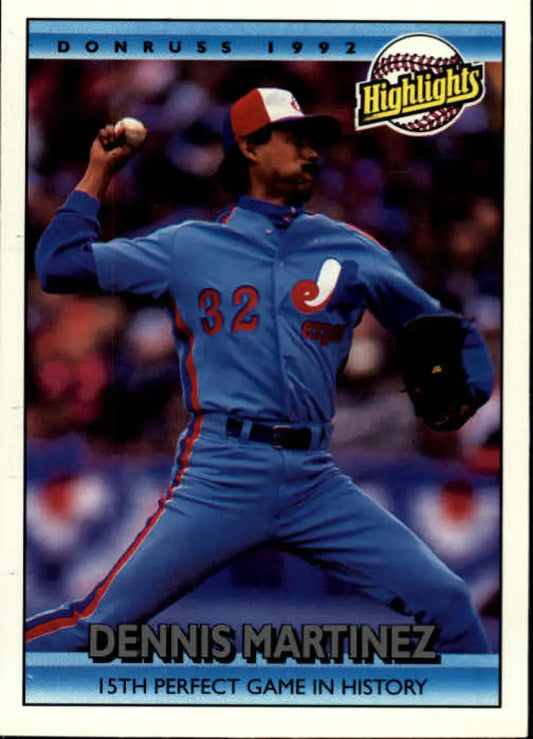 Baseball card of Dennis Martinez, Expos pitcher number 32 in blue uniform during delivery
