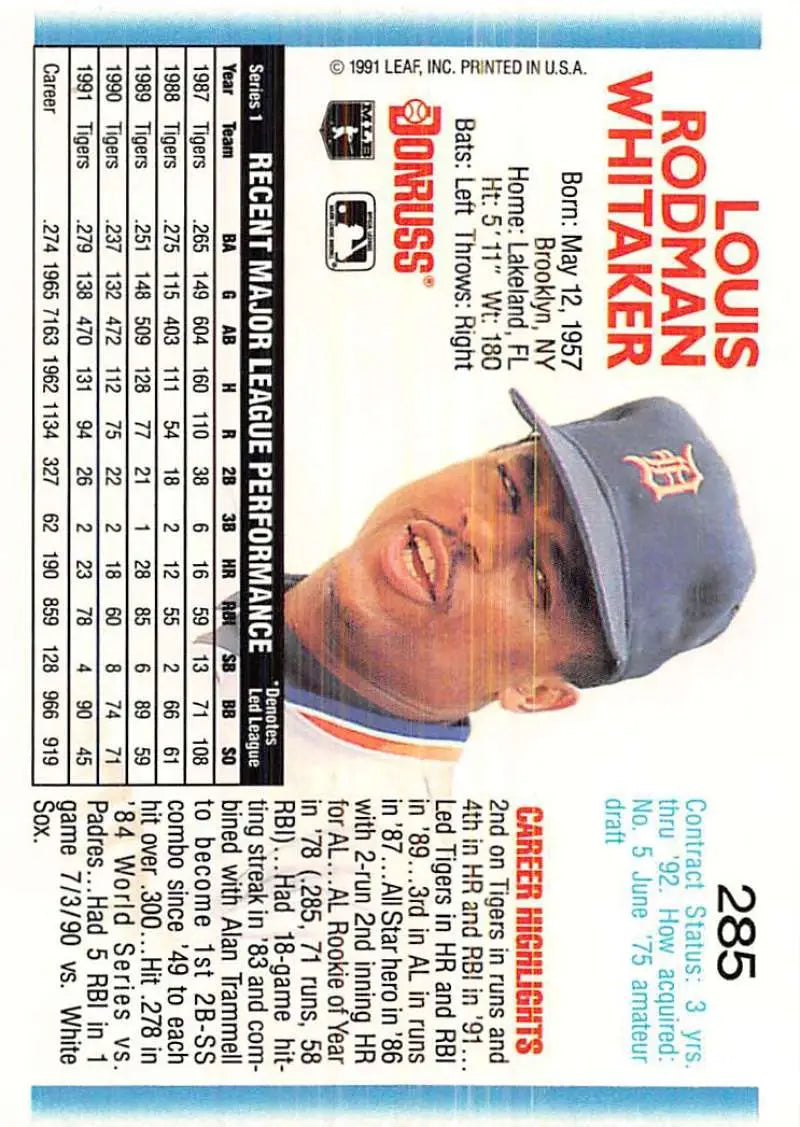Lou Whitaker smiling in Detroit Tigers cap on 1992 Donruss baseball card