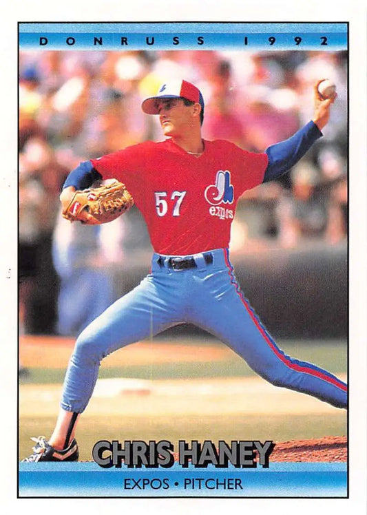1992 Donruss #291 Chris Haney Montreal Expos Baseball Card in red jersey delivery pose
