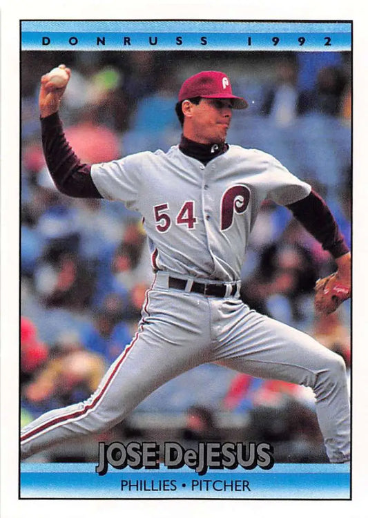Jose DeJesus pitching in gray uniform, 1992 Donruss baseball card for Philadelphia Phillies