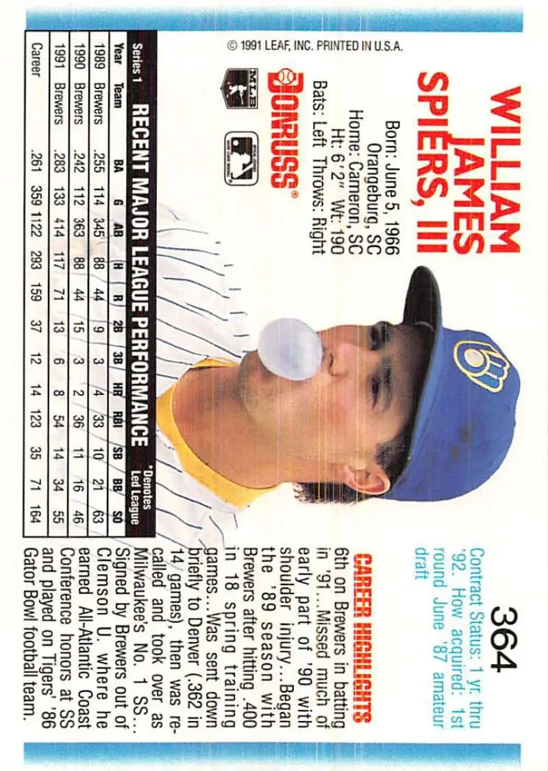 Milwaukee Brewers baseball card featuring Bill Spiers in a blue cap, NM-MT condition