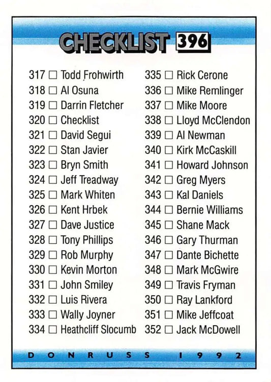 1992 Donruss checklist baseball card featuring player names 317-352 from the set