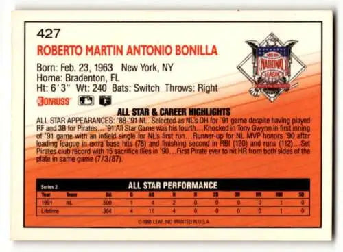 Bobby Bonilla Pittsburgh Pirates 1992 Donruss #427 baseball card with original gloss