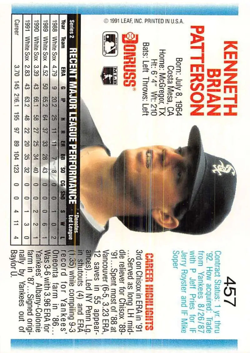 Baseball card of Ken Patterson from the Chicago White Sox in a black cap