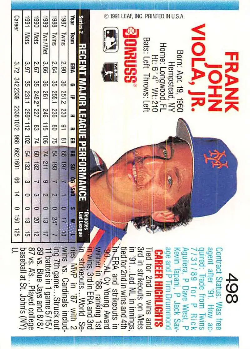 1992 Donruss #498 Frank Viola New York Mets Baseball Card with blue cap displayed