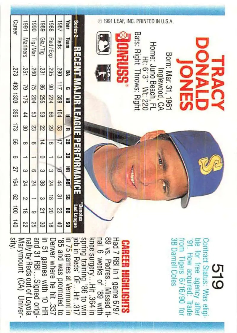 1992 Donruss Tracy Jones Baseball Card featuring Seattle Mariners player