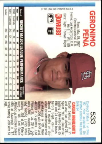 Baseball card back of 1992 Donruss #533 Geronimo Pena with original gloss details