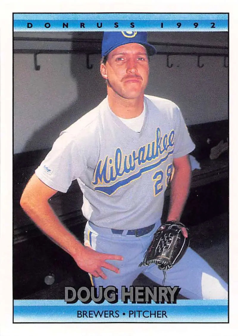 Baseball card of Doug Henry in road gray uniform for Milwaukee Brewers 1992 Donruss